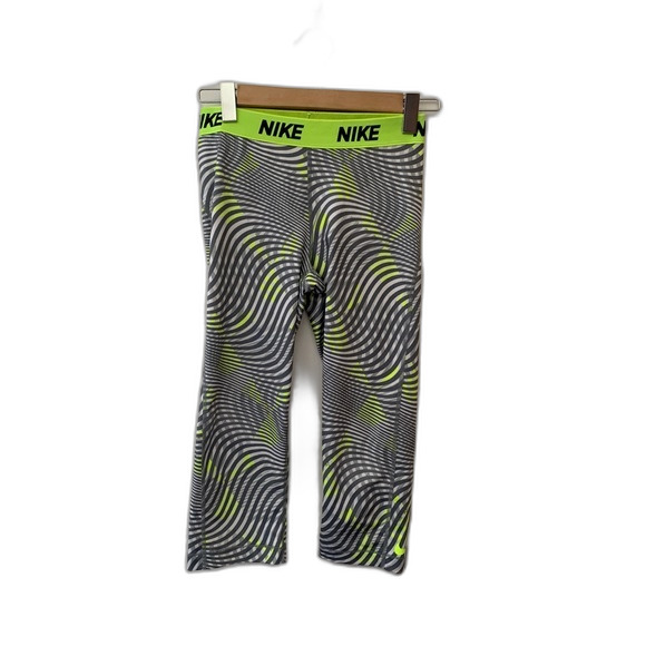 Nike Gray Neon Green Striped Dri-Fit Cropped Leggings Size Medium - Picture 1 of 7